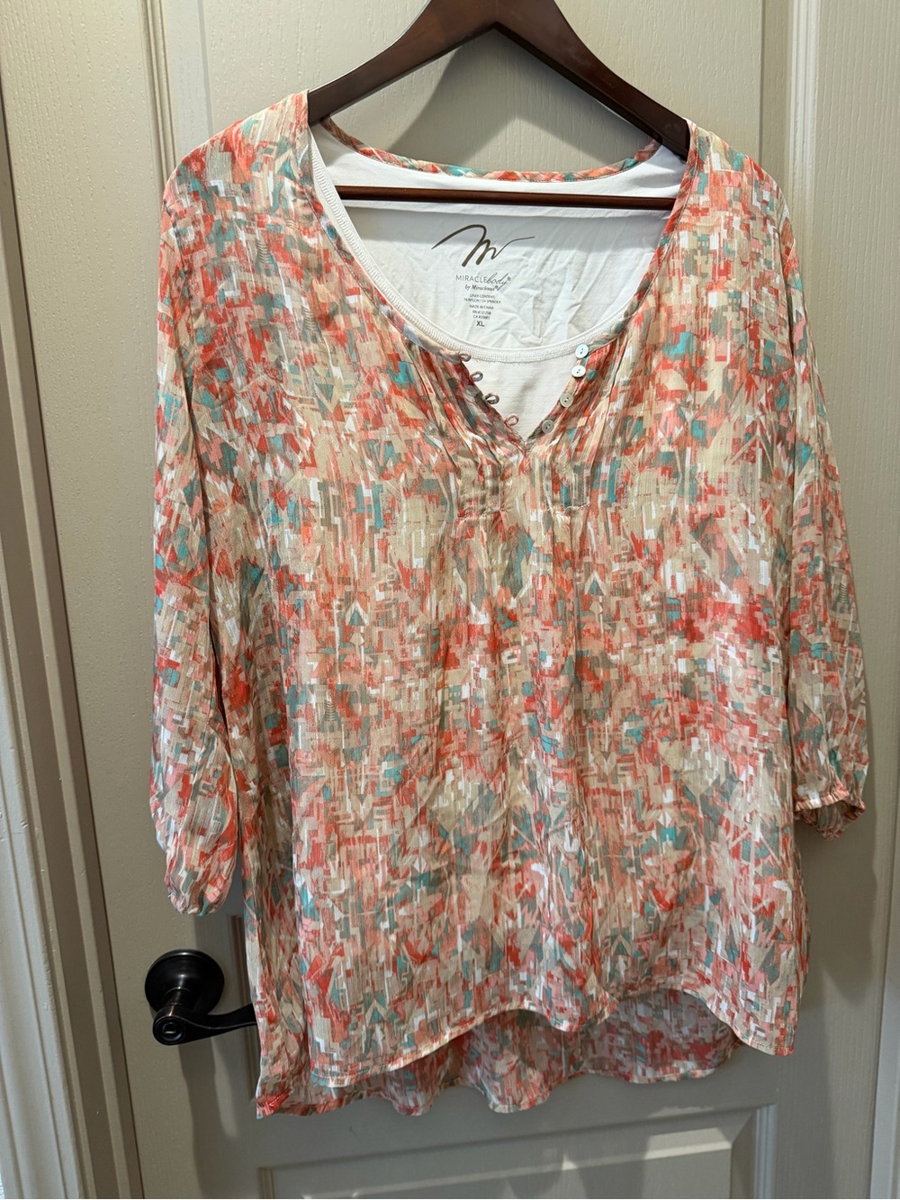 Miraclesuit Coral and Aqua Patterned V-Neck Blouse